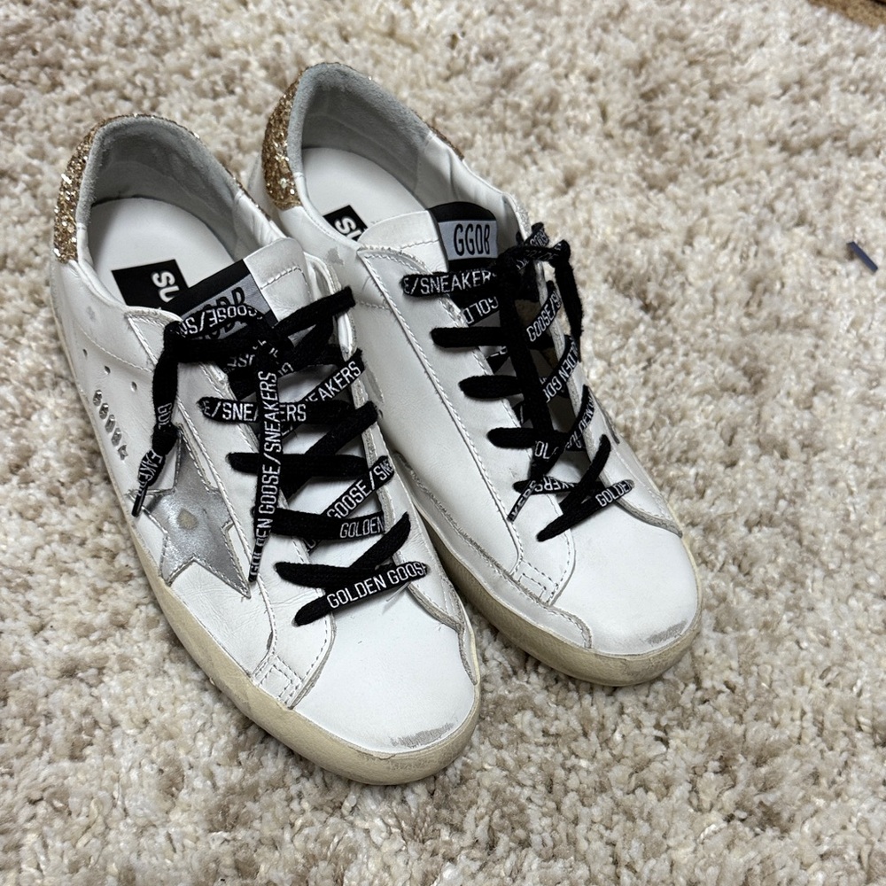 Authentic Golden Goose White Sneakers with Gold Heel and Black Laces